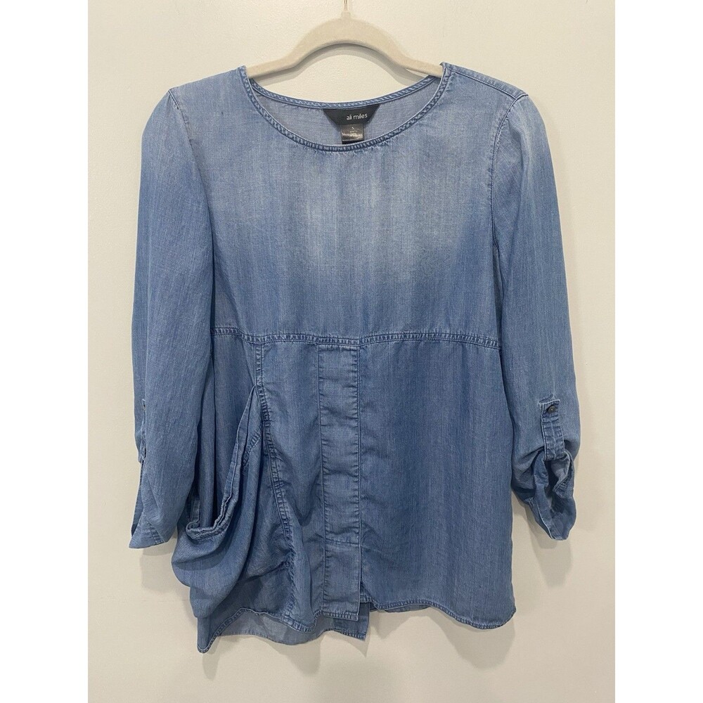 Ali Miles Denim 3/4 Sleeve Tunic Top Size Small Pockets Lagenlook Artsy Boho